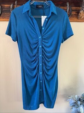 Cider Teal Blue Ruched Button-Up Short Sleeve Dress